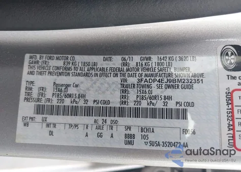 2011 Ford Fiesta Se из США, поврежденный, VIN 3FADP4EJ9BM232351